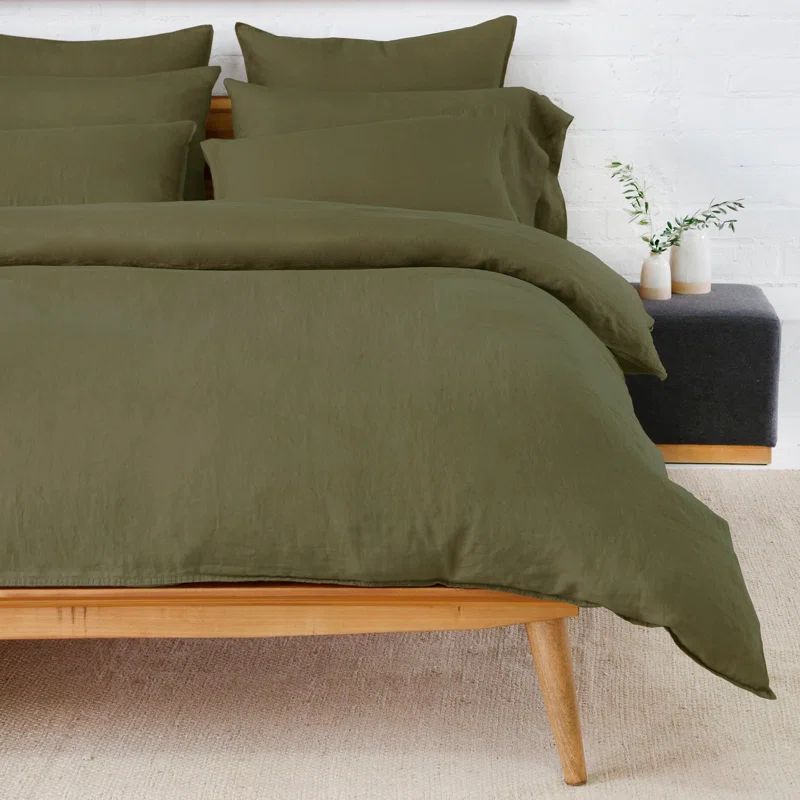 Parker Forest Green Linen Queen Duvet Cover Set with Shams