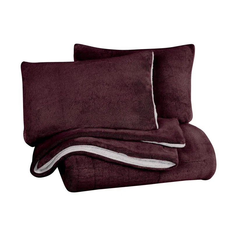 King Wine Faux Fur and Sherpa Reversible Comforter Set