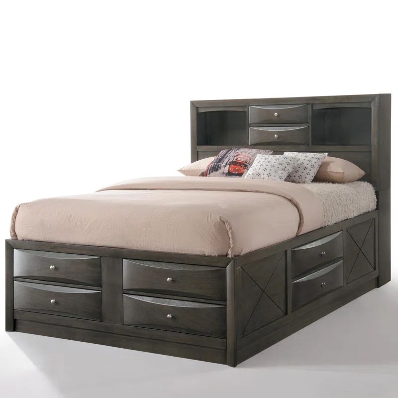 Gray Oak Upholstered King Captain's Bed with Bookcase Storage