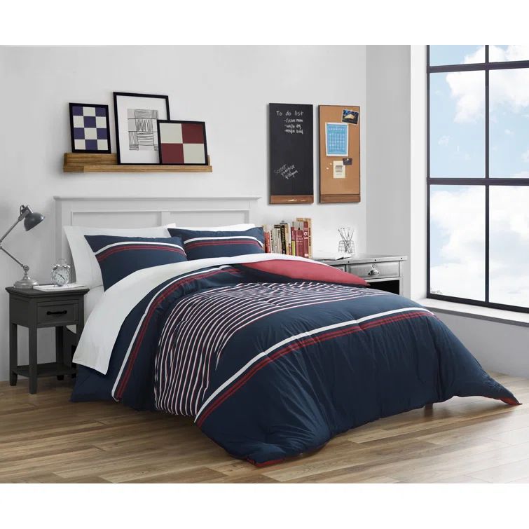 Navy and White Cotton King Comforter Set with Reversible Shams