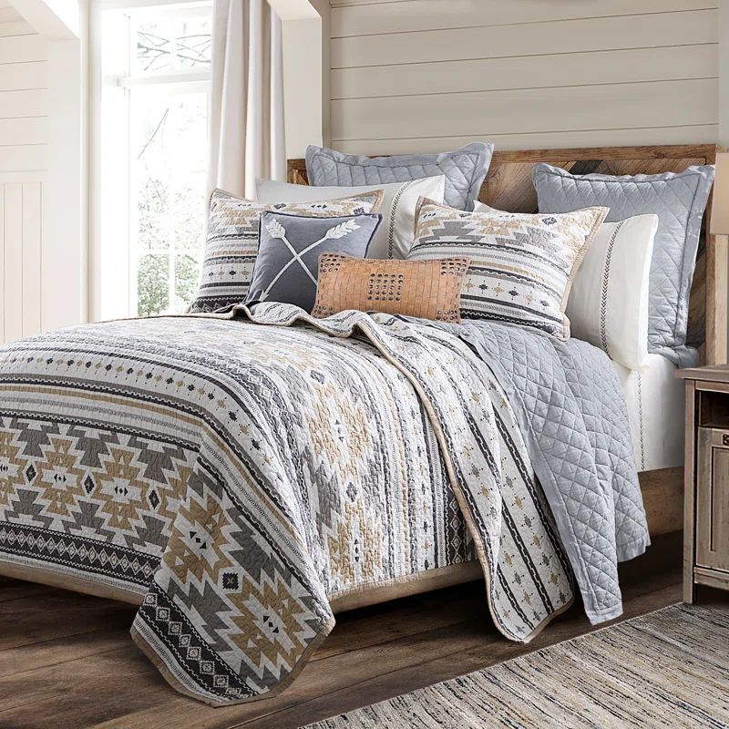 Gray and Tan Cotton Aztec Twin Reversible Quilt Set