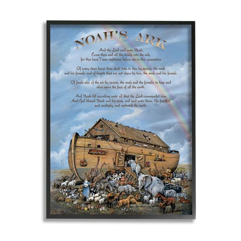 Noah's Ark Religious Animal Illustration on Canvas with Black Frame