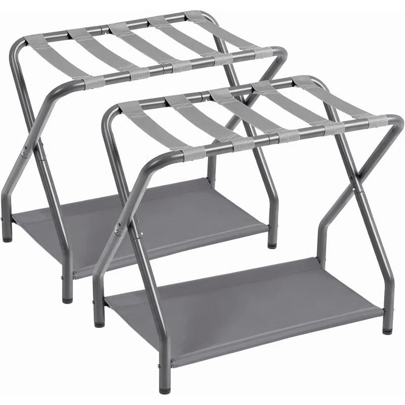Gray Foldable Metal Luggage Rack with Storage Shelf, Set of 2