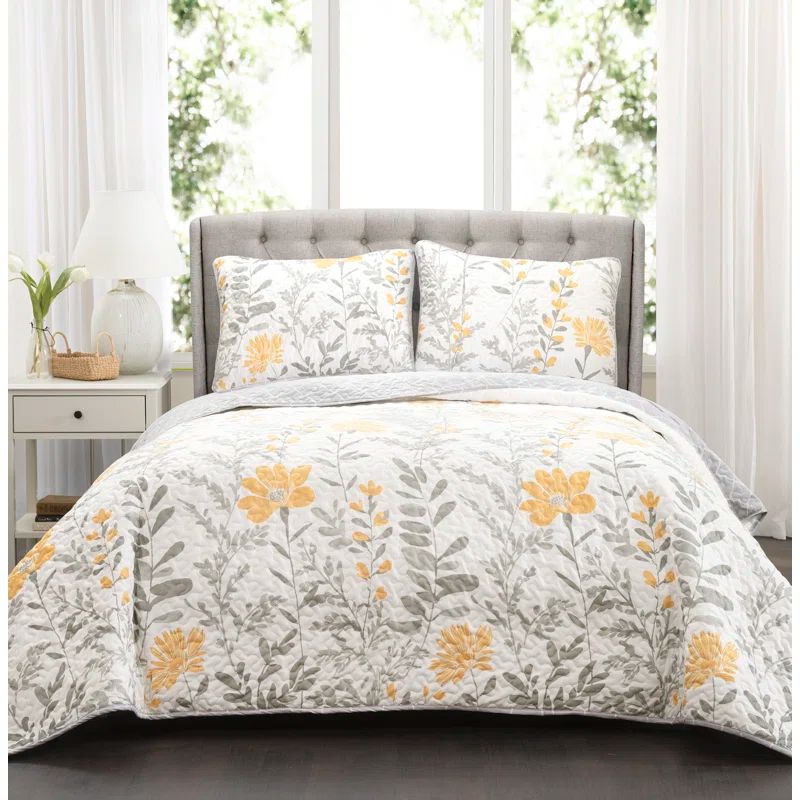 Yellow and Gray Reversible Floral King Microfiber Quilt Set