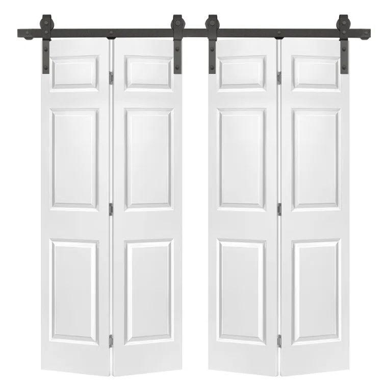 Primed White MDF Double Bifold Barn Doors with Black Hardware