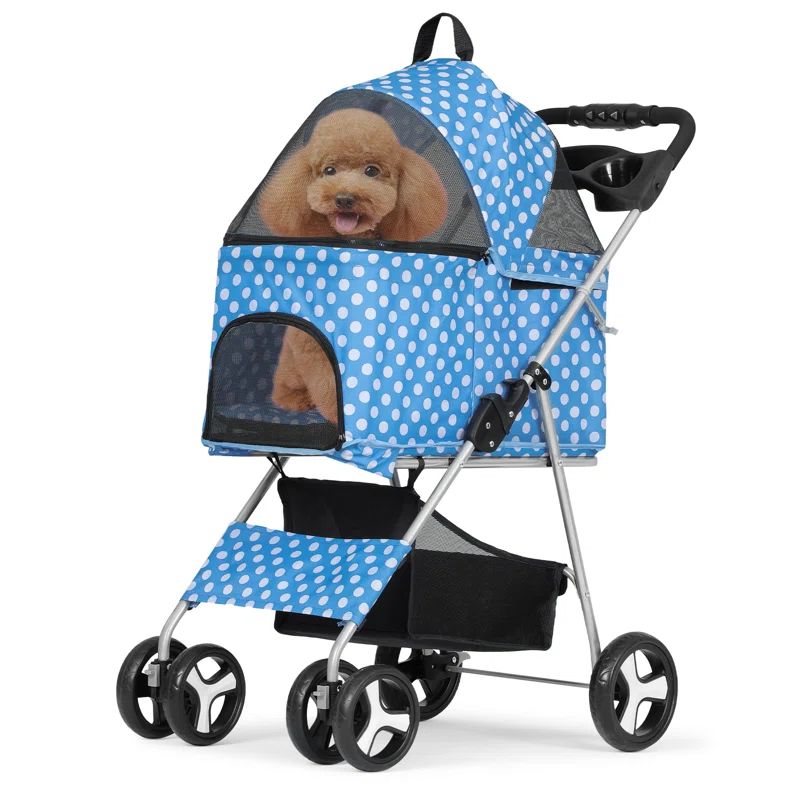 Sky Blue Polka Dot 3-in-1 Foldable Dog Stroller with Steel Frame