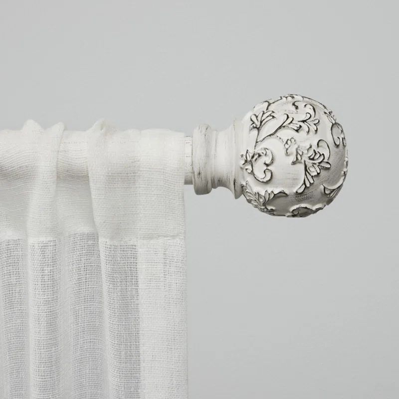 Distressed White Adjustable Curtain Rod with Floral Finials