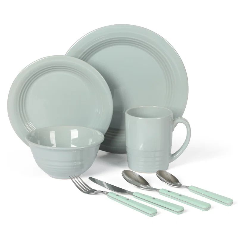 Blue Ceramic 32-Piece Dinnerware and Flatware Set, Service for 4