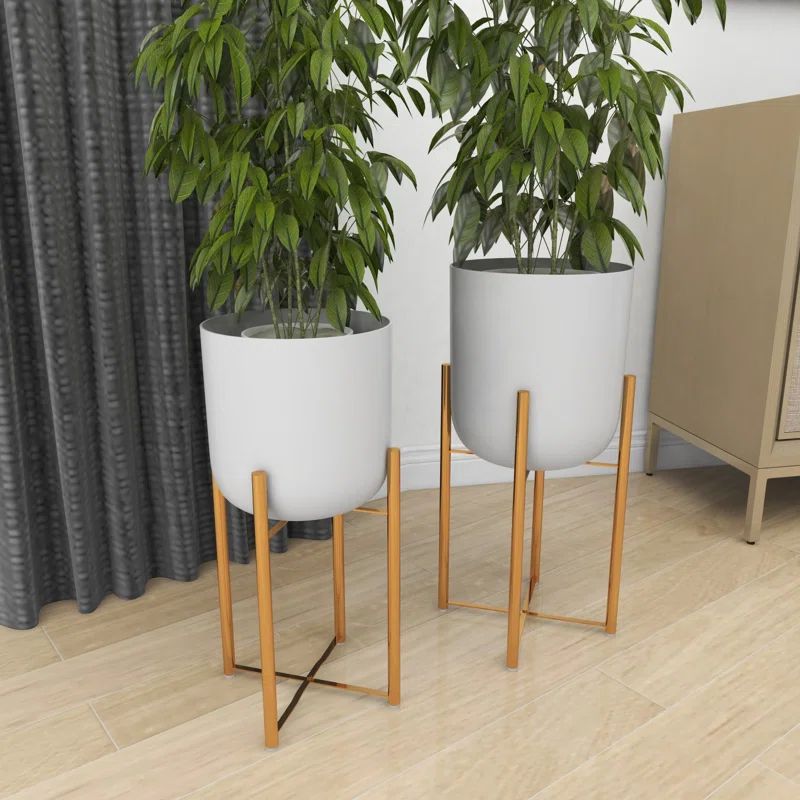 White Metal Dome Planters with Gold Stands, Set of 2