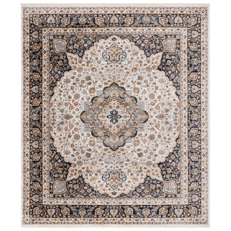Handmade Ivory and Navy Oriental Rectangular Rug