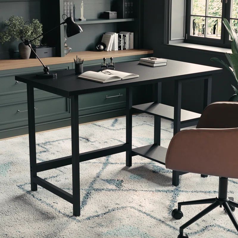Black Wood Grain Trestle Desk with Open Shelving