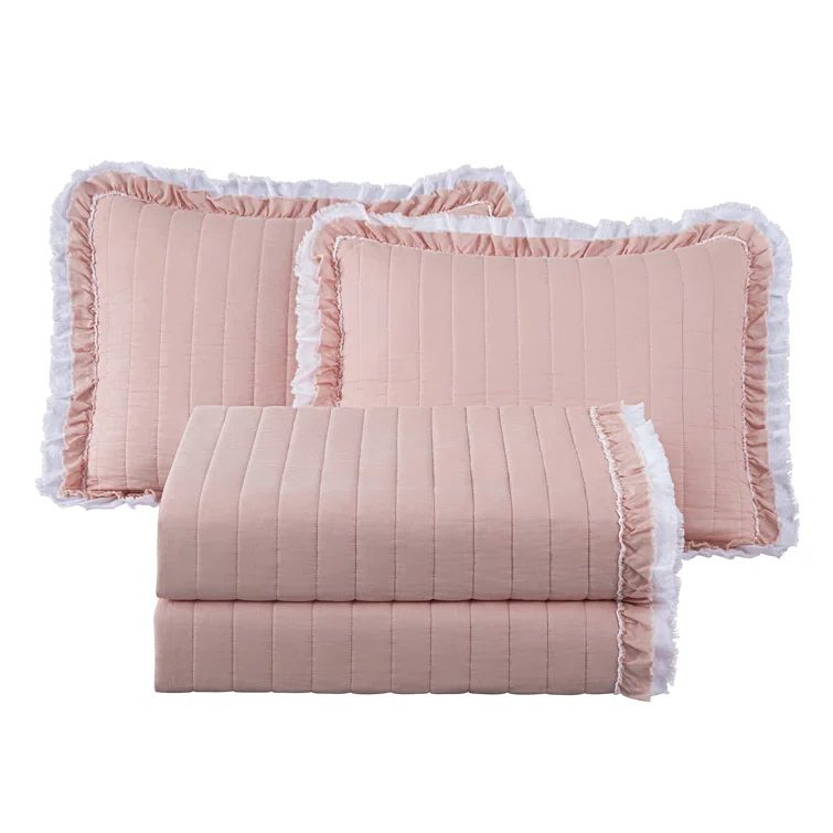 Twin Blush Cotton Reversible Quilt Set with Ruffled Edges