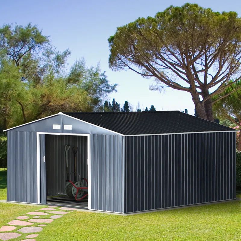 Dark Gray Metal Outdoor Storage Shed with Windows, 11' x 13'