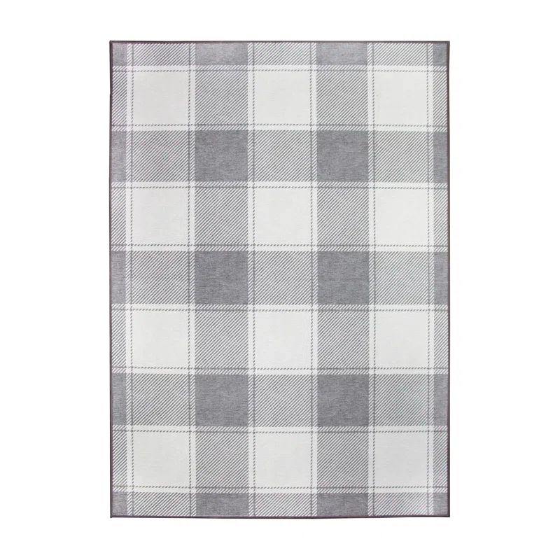 Buffalo Plaid Grey and White 5'x7' Synthetic Washable Rug