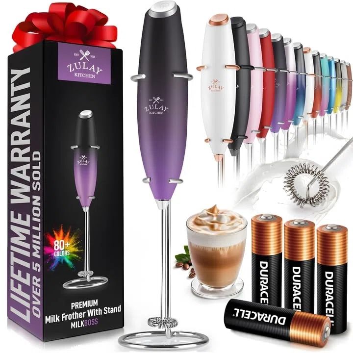 Purple Handheld Milk Frother with Stand and Batteries