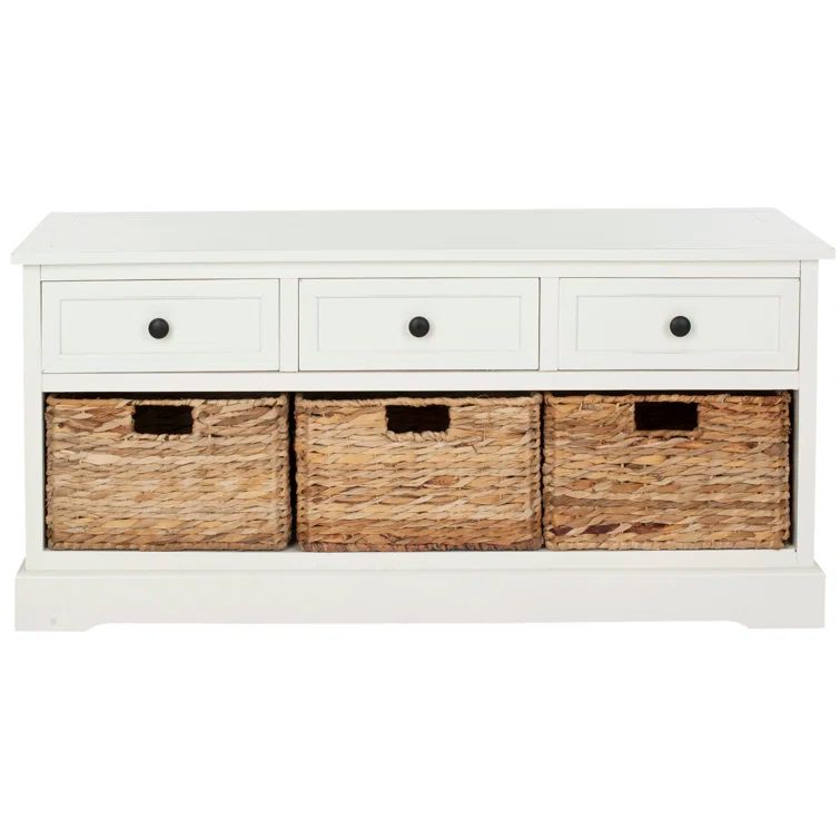 Distressed Cream Pine Storage Bench with 3 Drawers & Wicker Baskets