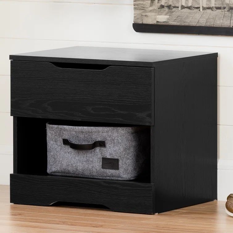 Modern Black Oak 1-Drawer Nightstand with Open Storage