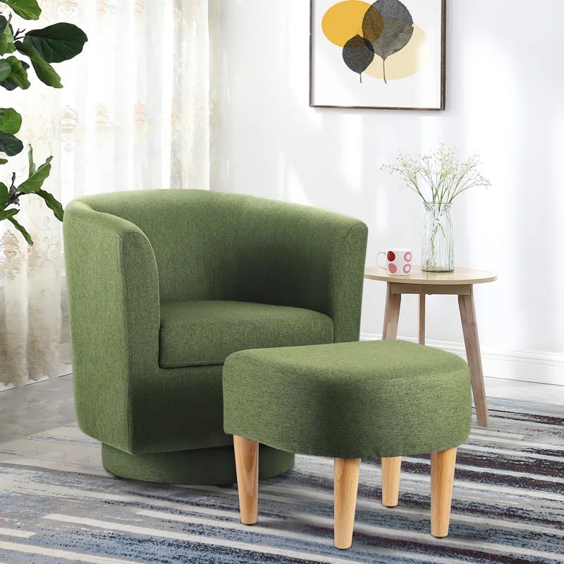 Green Linen Swivel Barrel Chair with Ottoman