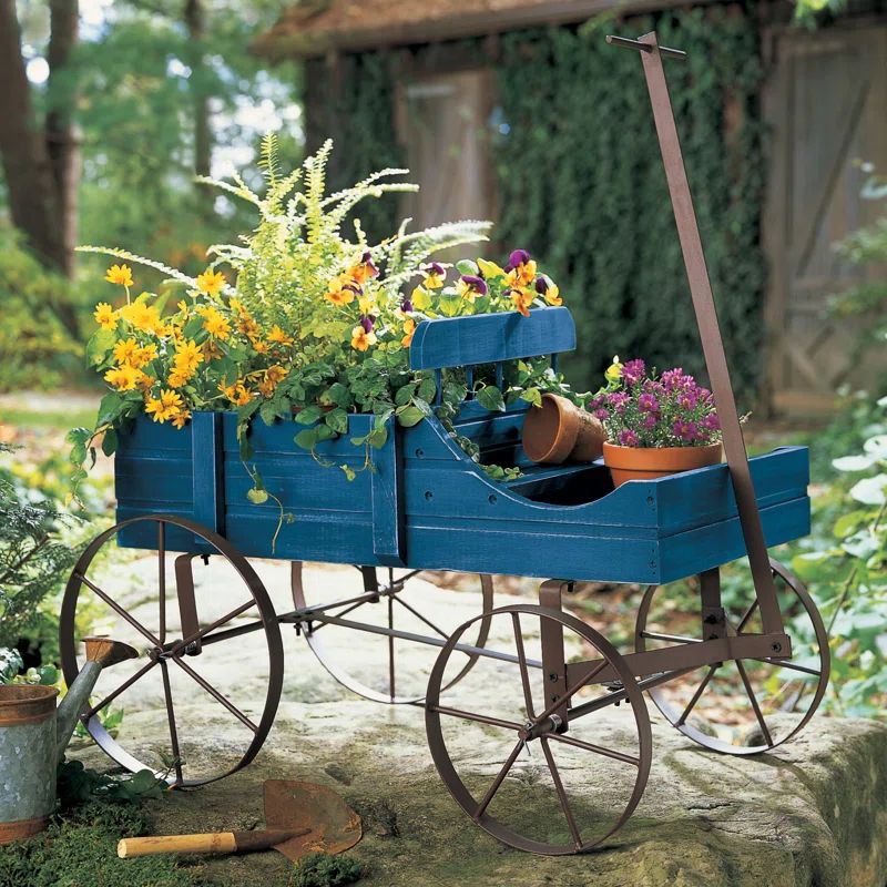 Blue Wooden Wagon Planter with Iron Wheels for Indoor/Outdoor Use
