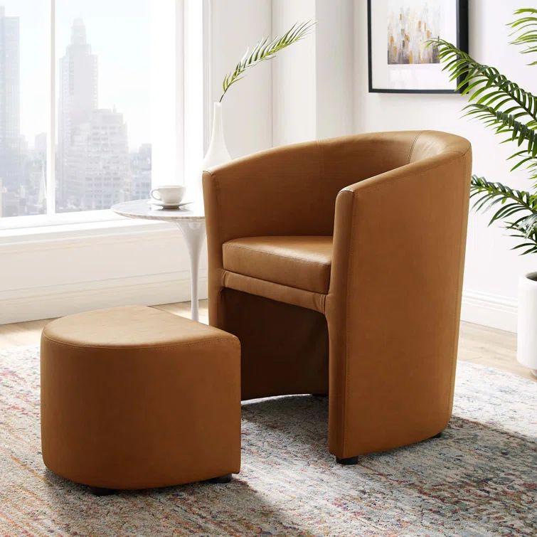 Tan Faux Leather Barrel Armchair with Wood Base