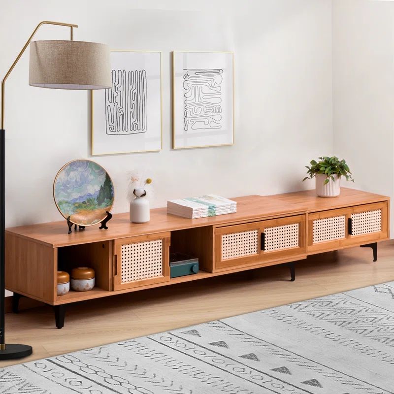 Bamboo Brown Freestanding TV Stand with Rattan Doors