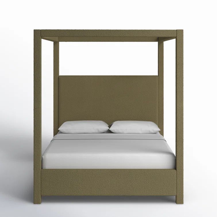 Olive Boucle Fabric Upholstered King Canopy Bed with Wood Frame