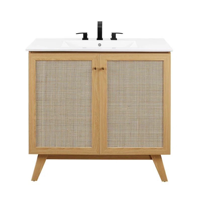 Soma 36'' Oak and White Freestanding Bathroom Vanity with Rattan Doors