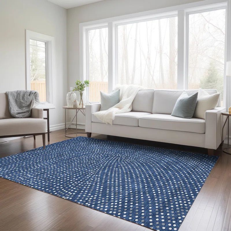 Navy and White Synthetic Flat Woven Washable Rug