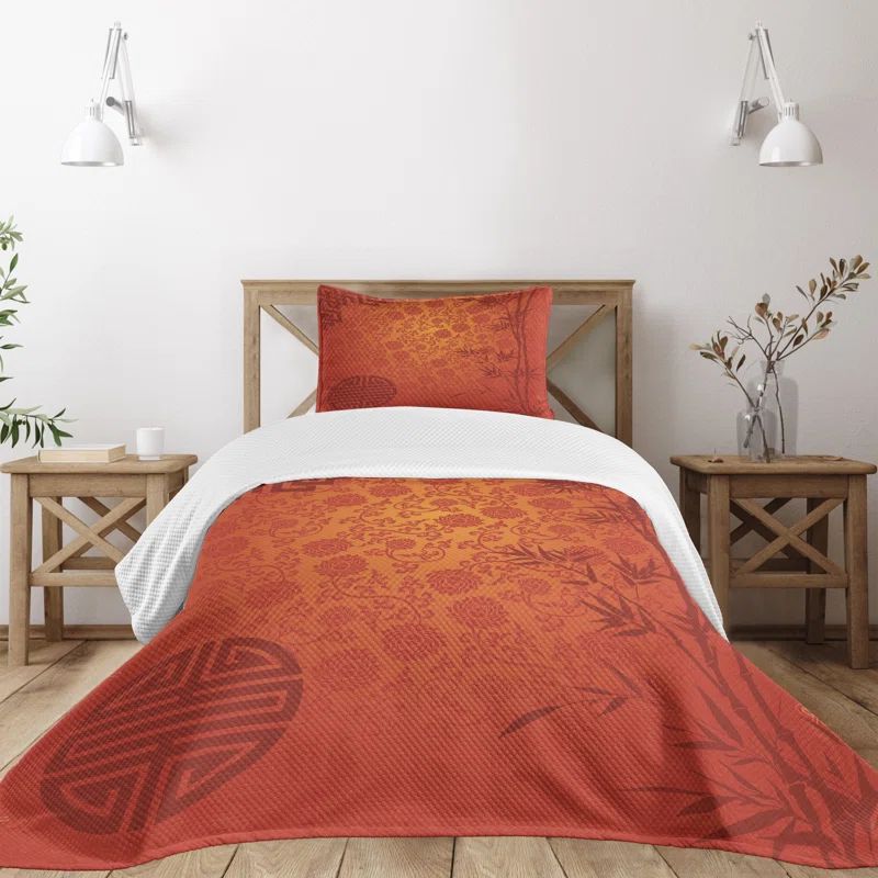 Twin Quilted Bedspread Set in White and Orange