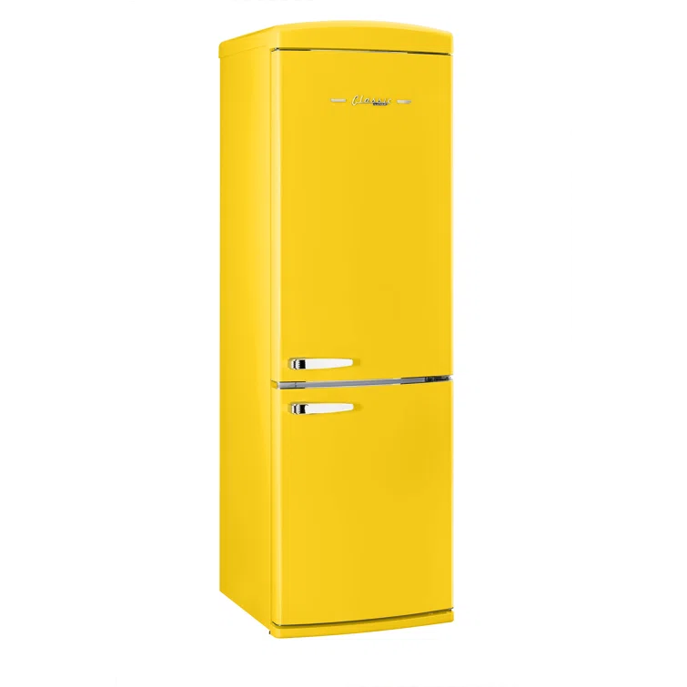 Canary Yellow Retro Bottom Freezer Refrigerator with Chrome Handles