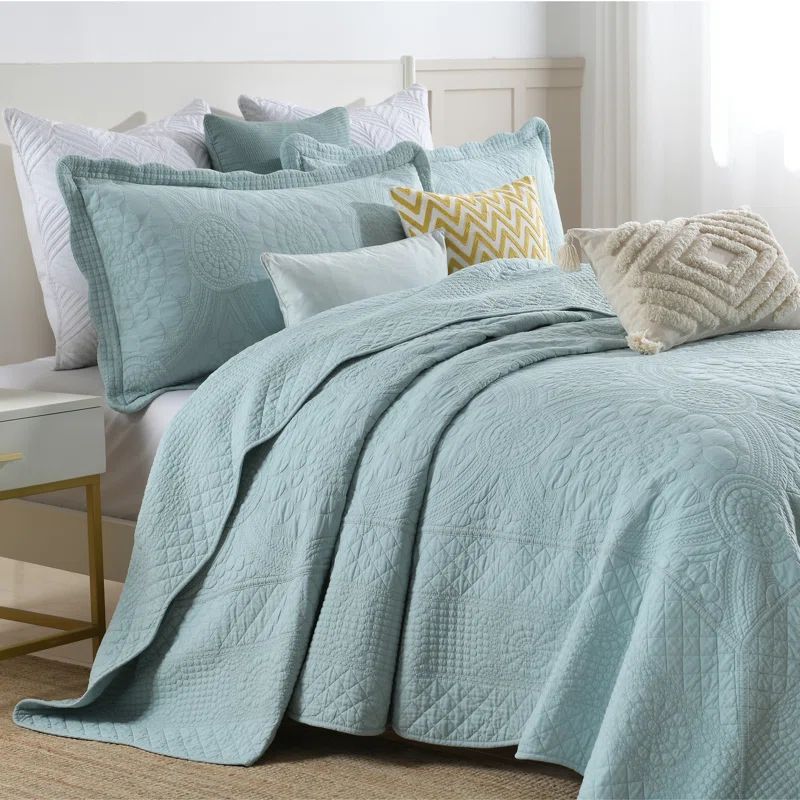 King Medium Green Cotton Quilted Bedspread Set