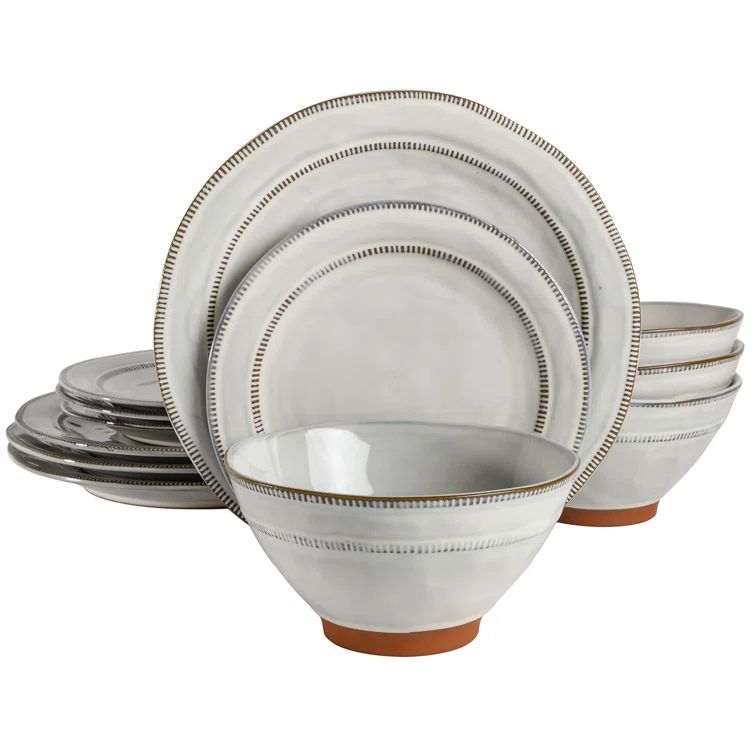 White Ceramic and Terracotta 12-Piece Dinnerware Set, Service for 4
