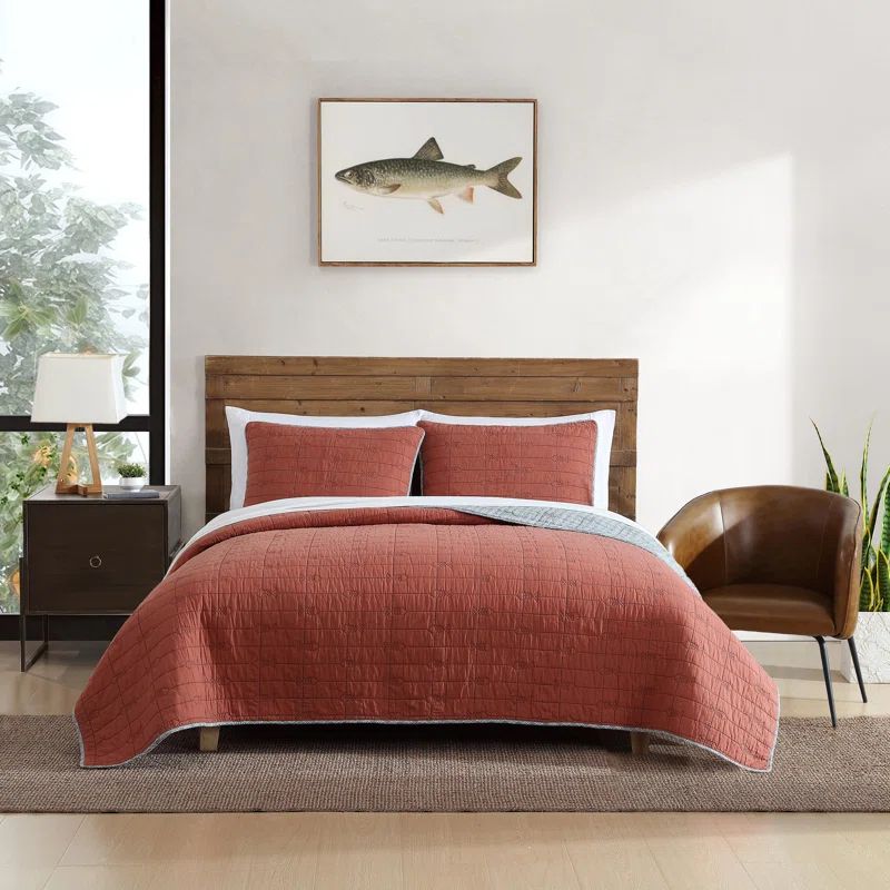 Twin Gray and Terracotta Cotton Reversible Quilt Set