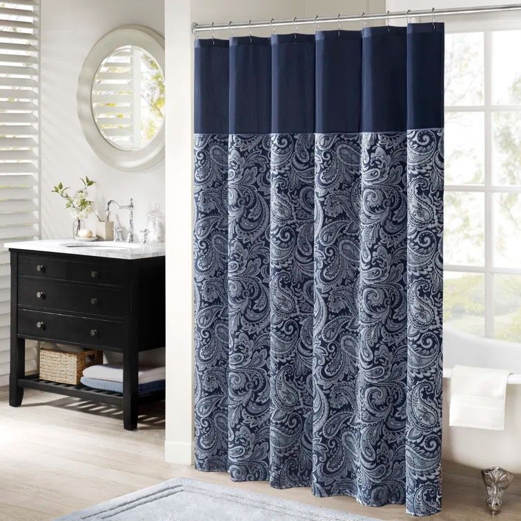 Navy Paisley Jacquard Shower Curtain with Color Block Panel