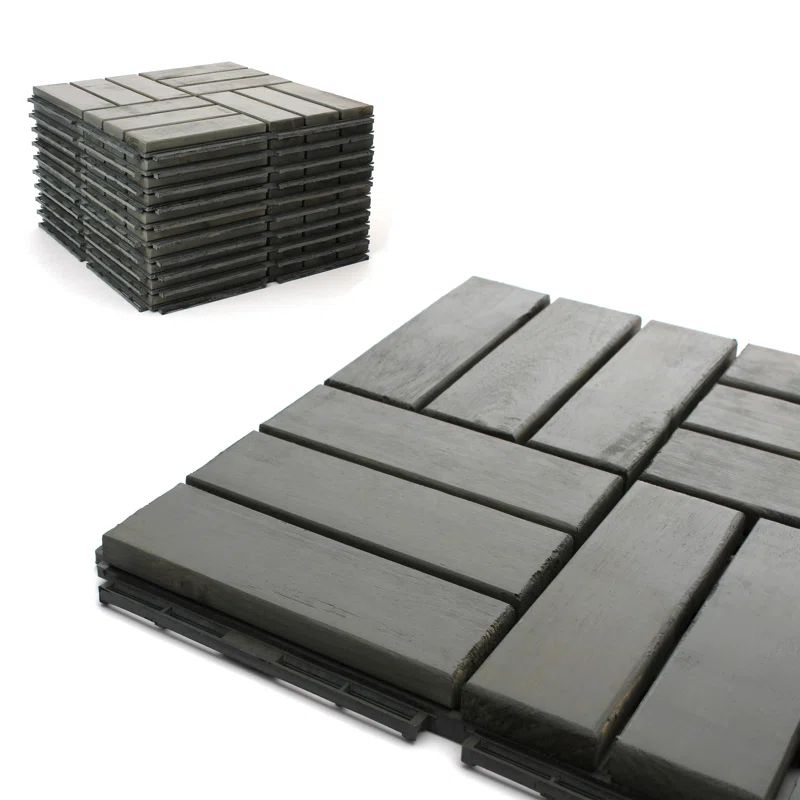 Gray Acacia Wood Interlocking Deck Tiles, 12" x 12" Set of 10