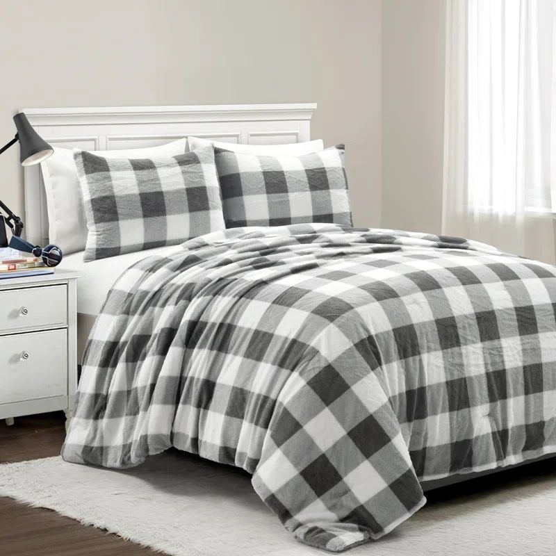 Light Gray Twin Plaid Faux Fur Comforter Set