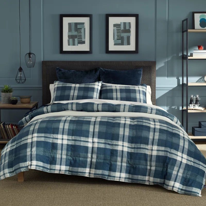 Navy Plaid Microfiber Twin Comforter Set with Sham