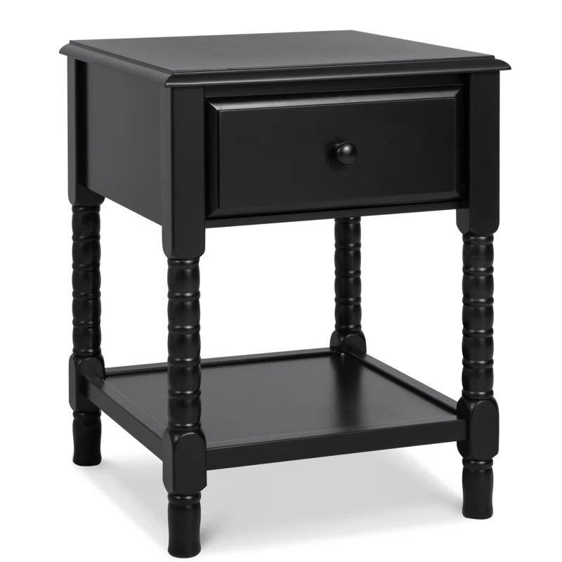 Ebony Pinewood Spindle Nightstand with Drawer and Shelf