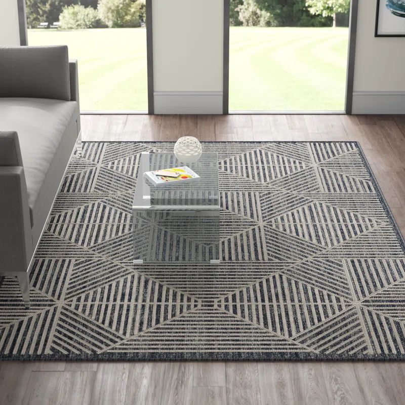 Denim and Ivory Geometric Synthetic Square Rug Sample