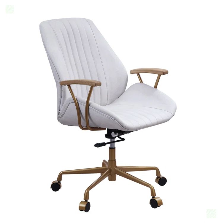 Vintage White Genuine Leather Executive Swivel Chair with Gold Metal Frame