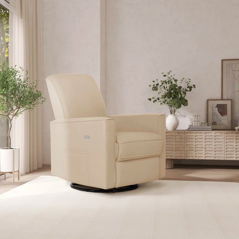 Tan Upholstered Swivel Recliner with Metal Base