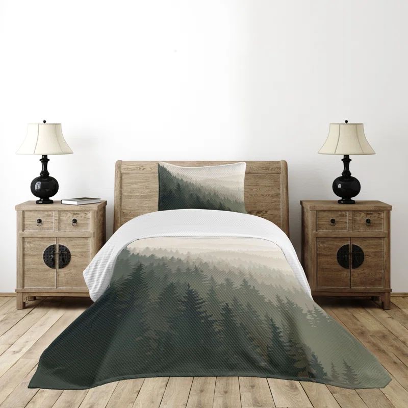 Twin White Quilted Bedspread Set with Forest Design