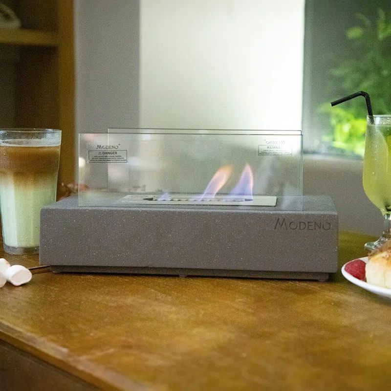 Gray Concrete Bioethanol Tabletop Fireplace with Glass Guard