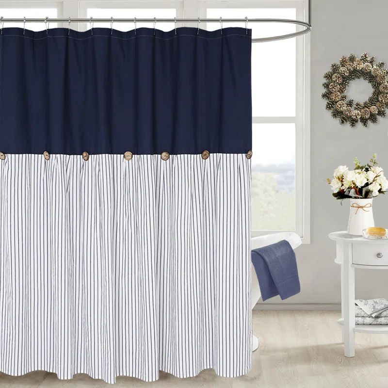 Navy and Beige Cotton Blend Striped Shower Curtain with Wooden Buttons