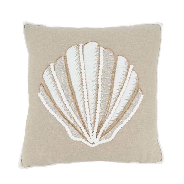 Natural Seashell Embroidered Cotton Down Throw Pillow, 18"