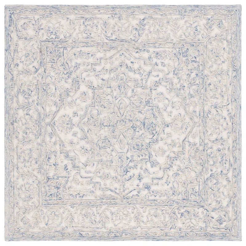 Ivory and Blue Hand Tufted Wool Square Area Rug