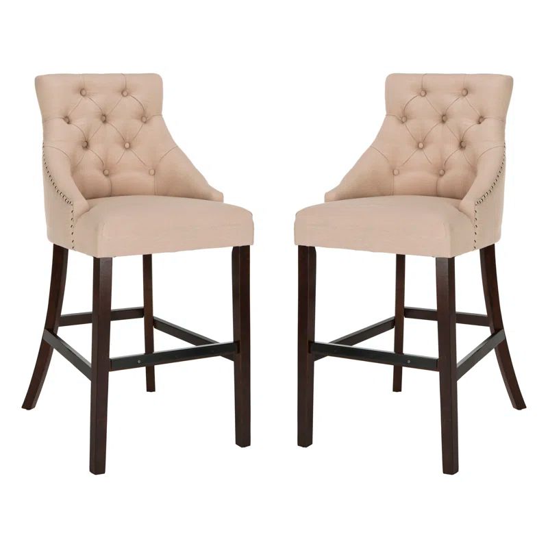 Eleni 45" Beige Linen and Metal Wingback Bar Stools, Set of 2
