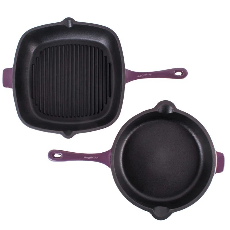 Purple Enameled Cast Iron 2-Piece Fry and Grill Pan Set