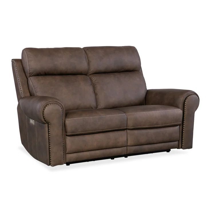 Kalahari Camel Leather Reclining Loveseat with Rolled Arms and Nailhead Trim
