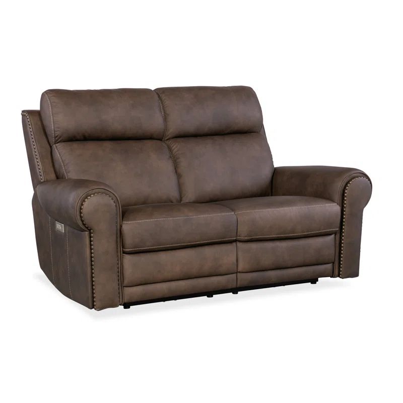 Kalahari Bark Leather Reclining Loveseat with Nailhead Trim